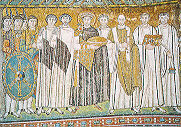 Kaiser Justitian mit Gefolge, Mosaik in San Vitale (Ravenna), 6. Jh.