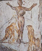 Daniel in der Löwengrube, Wandmalerei, Katakombe der Giordani (Rom), 4. Jh. n. Chr.