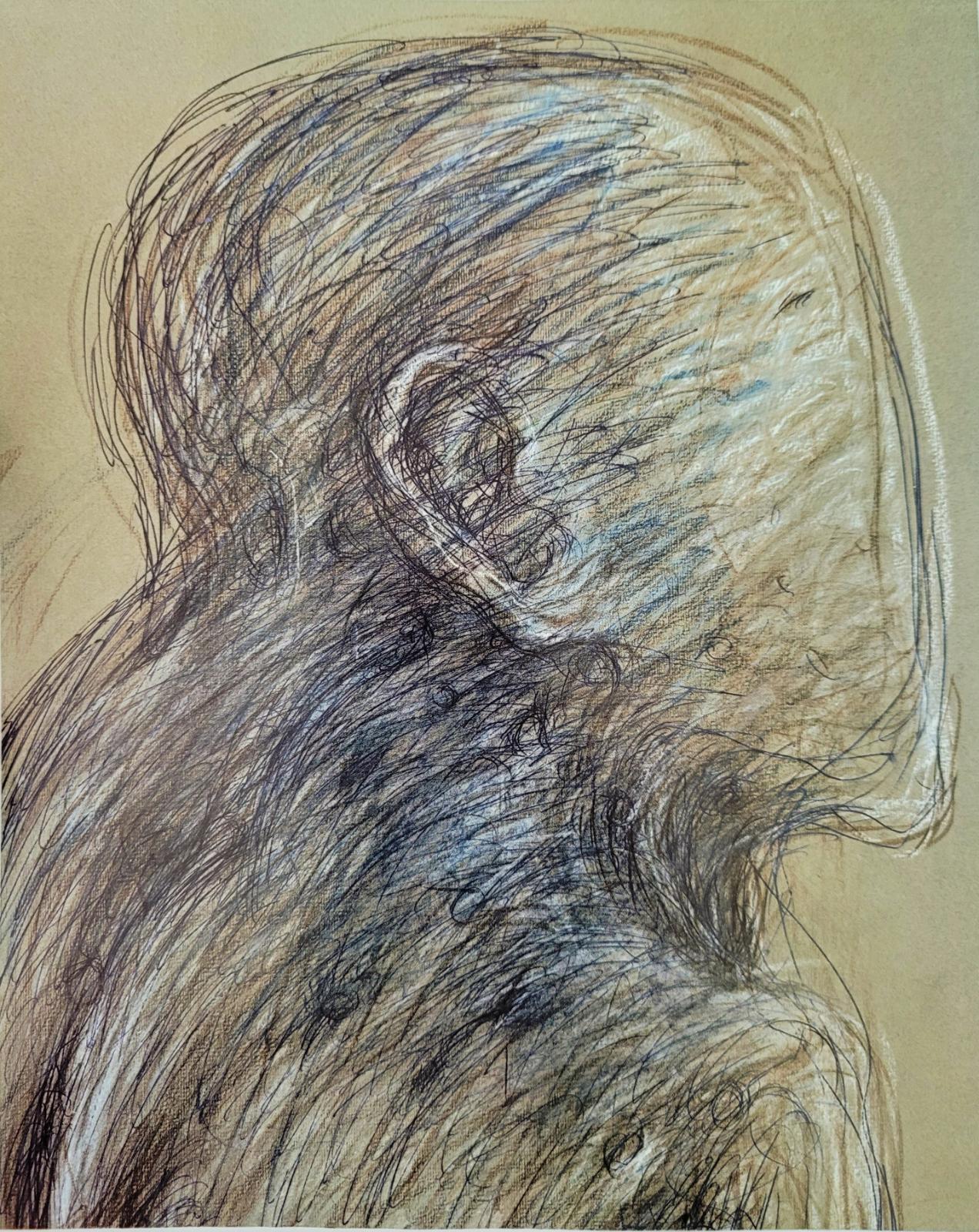 Emil Cimiotti, Kopf, blau, 1980, Kugelschreiber, Kreiden, Farbstifte auf Fabriano, 38,5 cm x 31 cm, signiert verso, Preis auf Anfrage, SüdWestGalerie