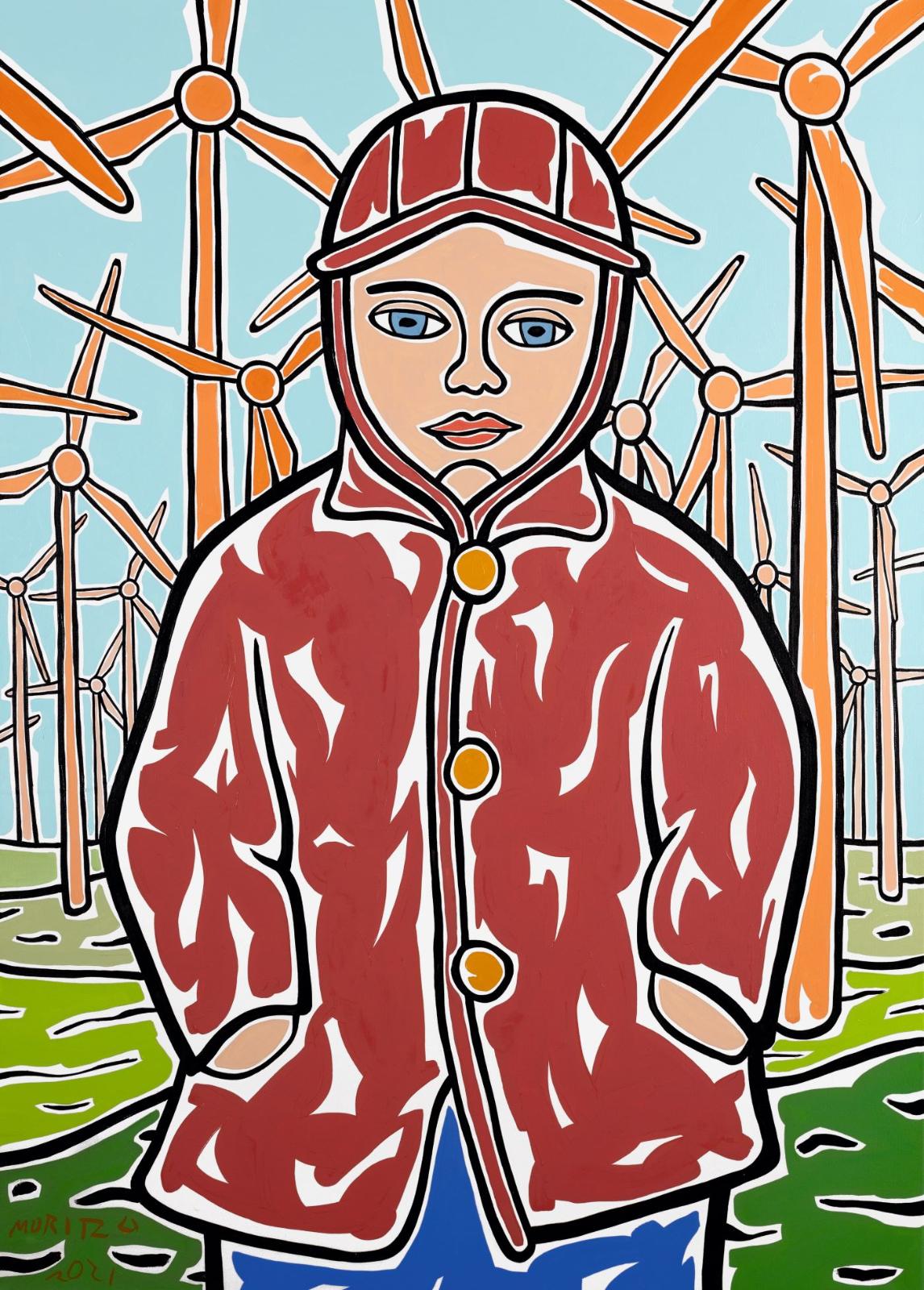 Moritz Götze, Peter im Windpark (nach Hakenbeck), 2021, Öl auf Leinwand, 140 cm x 100 cm, Preis auf Anfrage, Galerie Cyprian Brenner