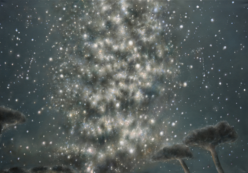 Franz Baumgartner, kosmisches Feuerwerk, 7.2019, Öl auf Leinwand, 85 cm x 120 cm, - verkauft!, Galerie Cyprian Brenner
