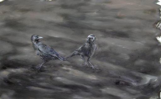 Franz Baumgärtner, Zwei Krähen, 1.2025, 95 cm x 153 cm, Öl auf Leinwand, Preis auf Anfrage, Galerie Cyprian Brenner
