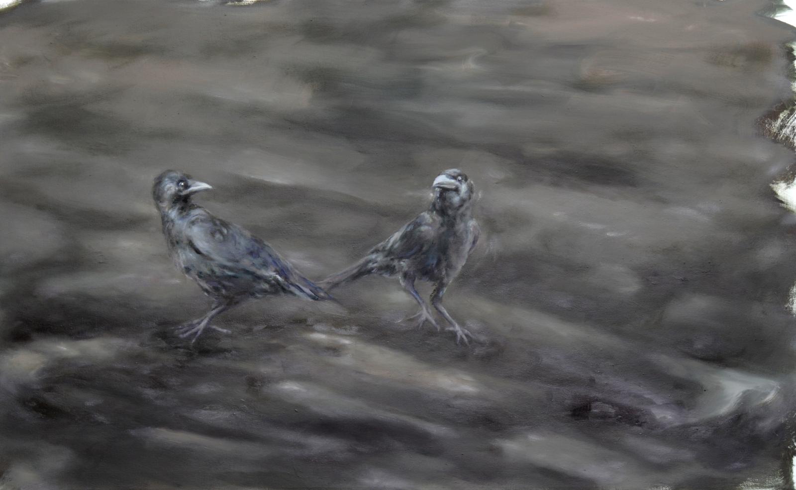 Franz Baumgärtner, Zwei Krähen, 1.2025, 95 cm x 153 cm, Öl auf Leinwand, Preis auf Anfrage, Galerie Cyprian Brenner