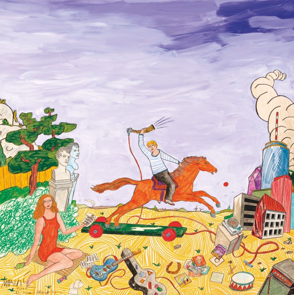 Moritz Götze , Des Knaben Wunderhorn , 2015 , Öl und Zeichnung auf Bütten , 80 cm x 80 cm (mit Rahmen 100 cm x 104 cm), Preis auf Anfrage, göm004kü