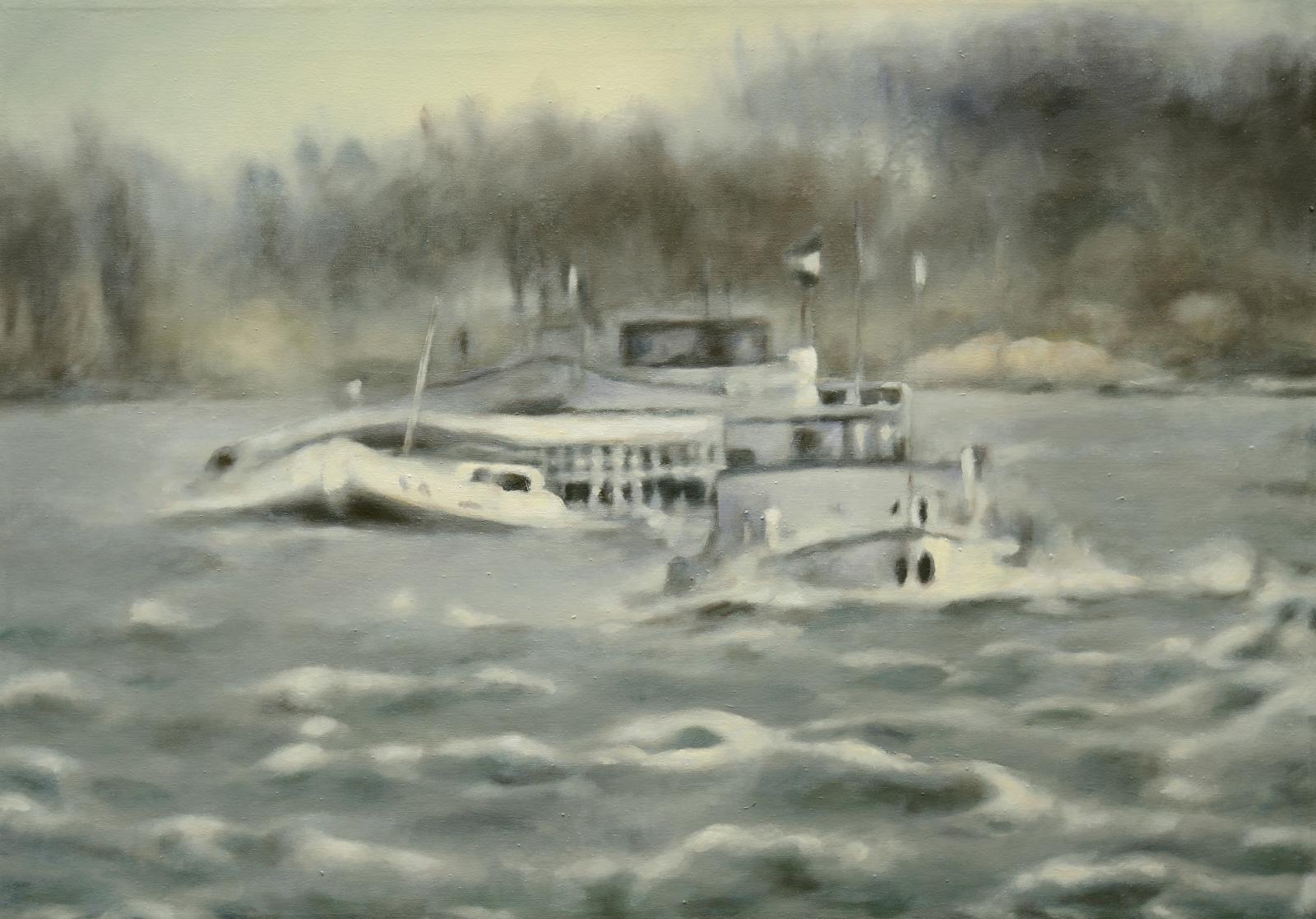 Franz Baumgartner, Rhein bei Düffelward `84, 7.2022, Öl auf Leinwand, 70 cm x 100cm, Preis auf Anfrage, Galerie Cyprian Brenner