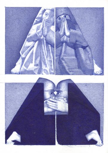 Peter König, Skizzenbuch 2013-19, Kain und Abel, 2. Zeichnung, Kugelschreiber auf Papier, 10,5 x 15 cm, Preis auf Anfrage