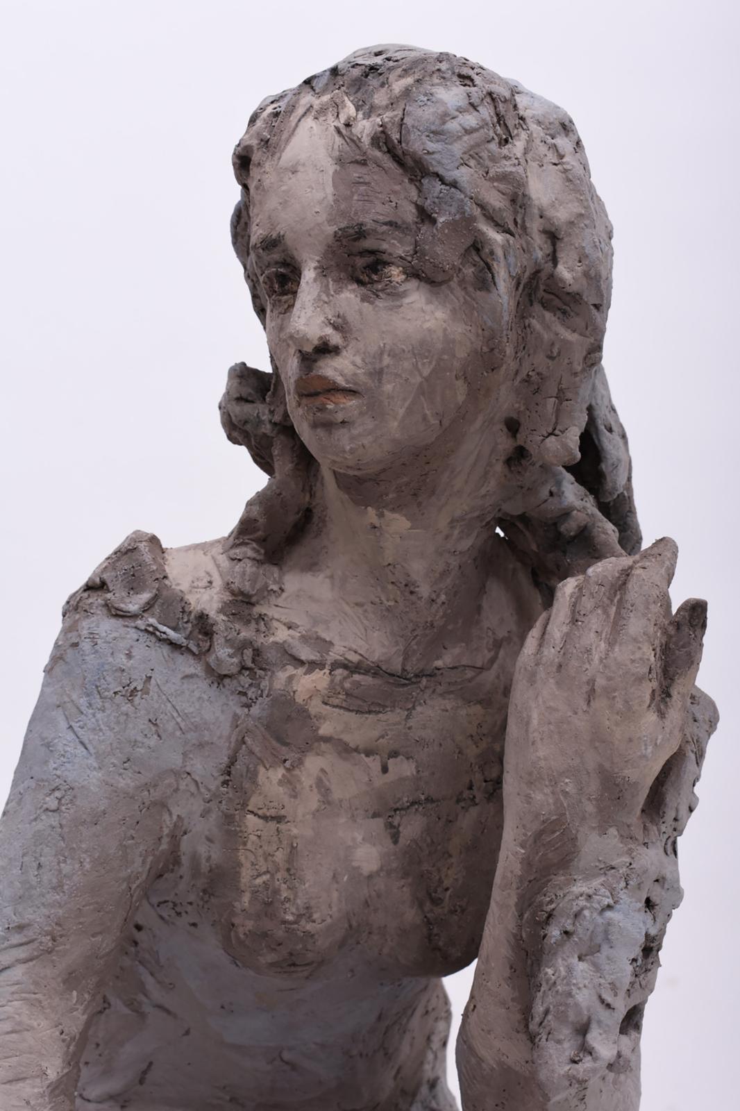 Silvia Siemes, Bleiben, Warten, 2019, Terrakotta, gebrannt, Höhe 53 cm, (Detailansicht Gesicht), verkauft!