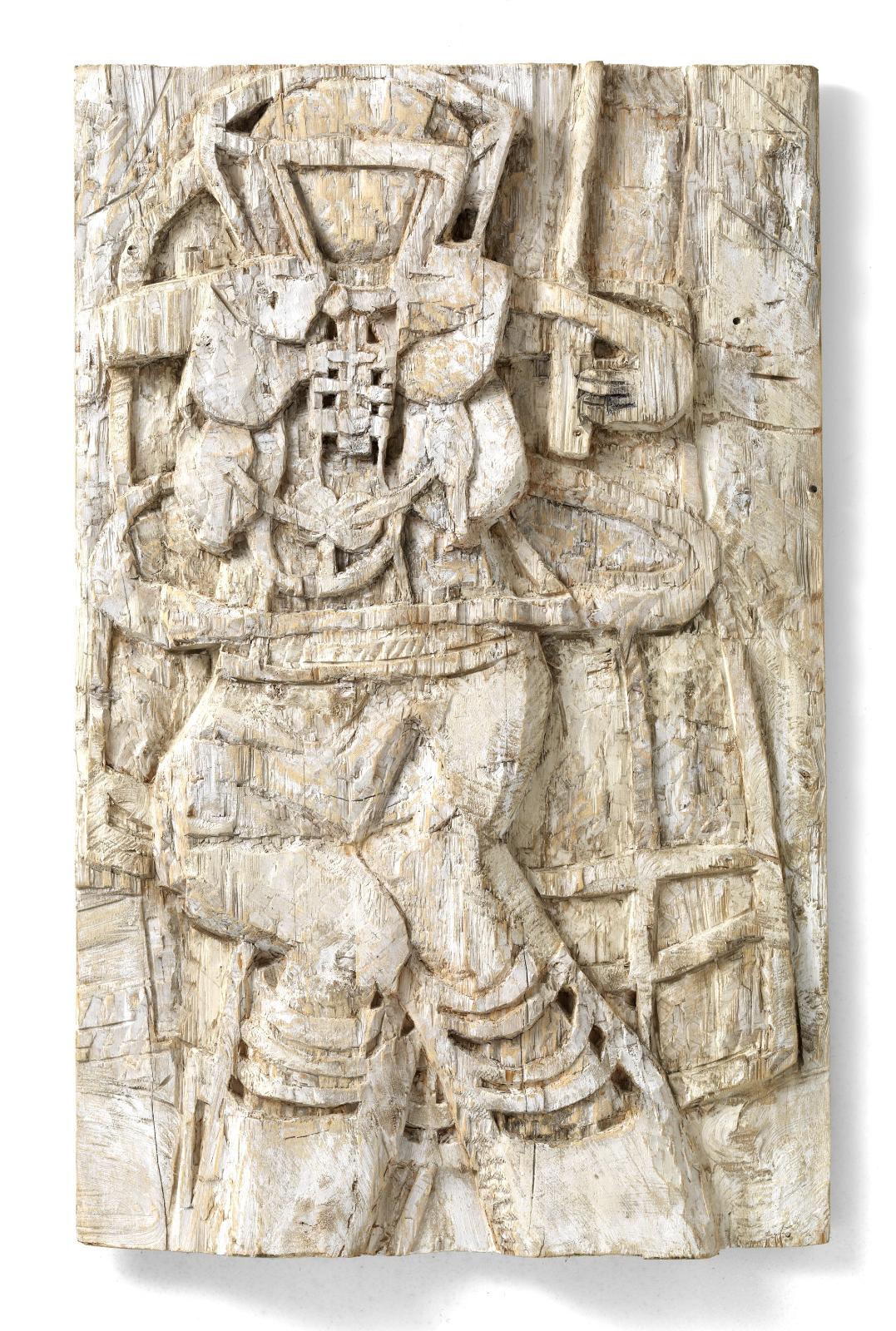 Hack, Frauenfigur, Relief, 1999 ,2015, Fichte, weiß gefasst, 160 cm x 99,5 cm x 9,5 cm, Preis auf Anfragen, Galerie Cyprian Brenner