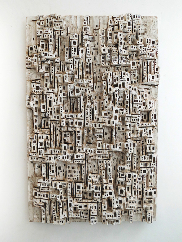 Klaus Hack, Stadtlandschaft (Polis) 2, 2016, Holz, weiß gefasst, 138,5 cm x 87 cm x 9 cm
