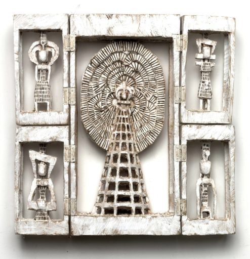Klaus Hack, Gloriolen Altar, vierflügelig, 2007, 2015, Linde weiß gefasst, aufgeschlagen, 55 cm x 54 cm x 11 cm, Preis auf Anfrage, Galerie Cyprian Brenner