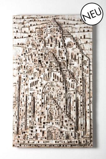 Klaus Hack, Kathedrale, 2018/2019, Kiefer, weiß gefasst, 159,5 cm x 96,5 cm  x 9 cm, Preis auf Anfrage, Galerie Cyprian Brenner