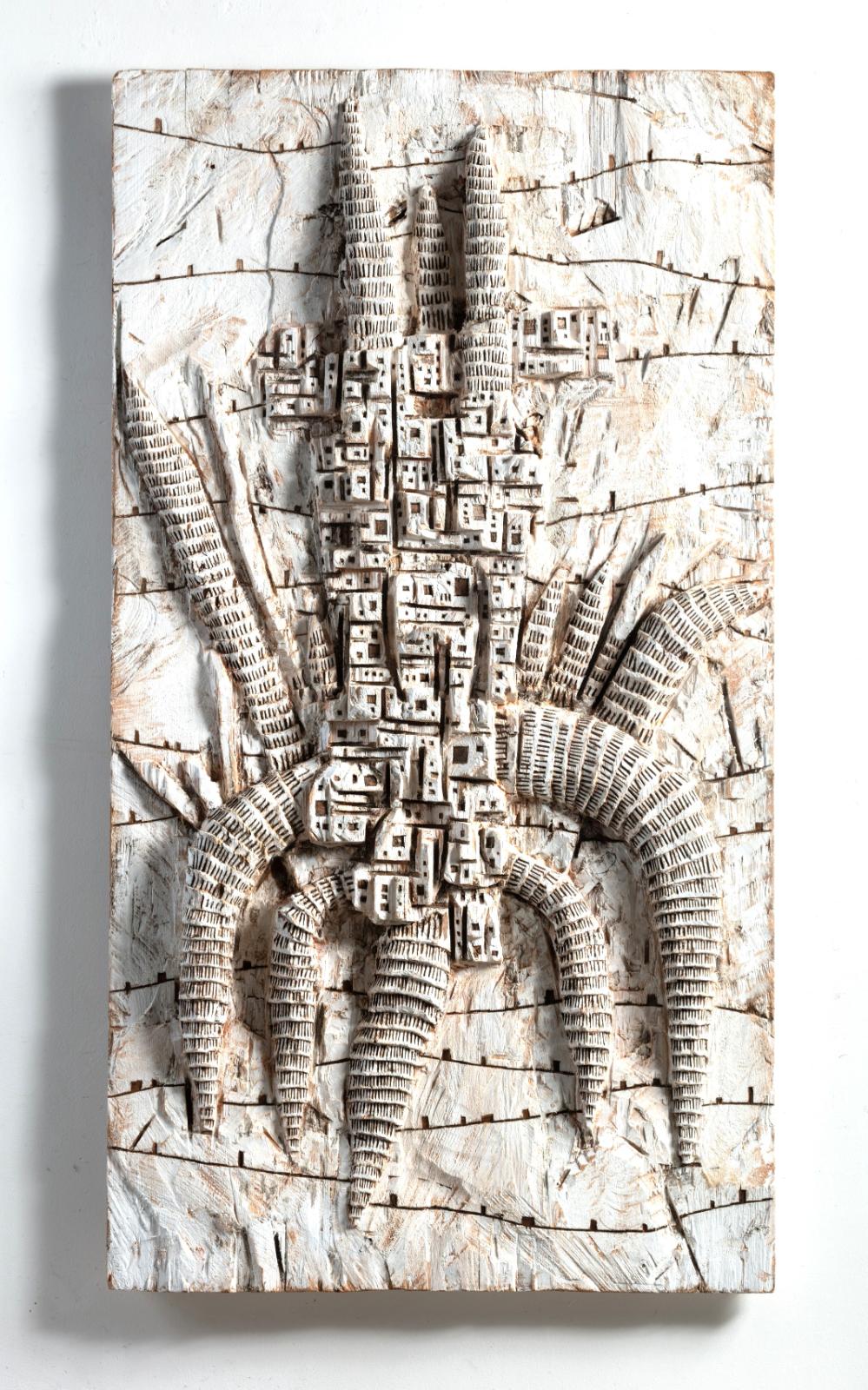 Klaus Hack, Polis, 2016, 2023, Relief, Kiefer weiss gerfasst, 160 cm x87 cm x 9 cm, Preis auf Anfrage, Galerie Cyprian Brenner