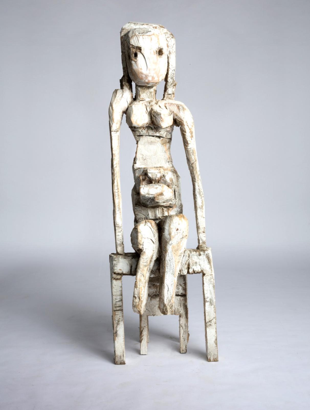 Klaus Hack, Sitzende Figur, 2013, Linde weiß gefasst, 165,5 cm x 51,5 cm x 42 cm, Preis auf Anfrage, Galerie Cyprian Brenner