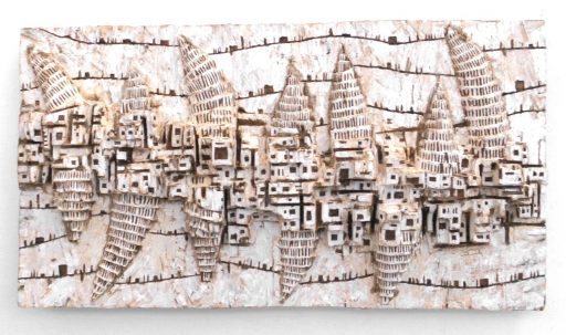 Klaus-Hack, Stadtlandschaft, 2020, Kiefer weiß gefasst, 54 cm x 99 cm x 9 cm, Preis auf Anfrage, Galerie Cyprian Brenner