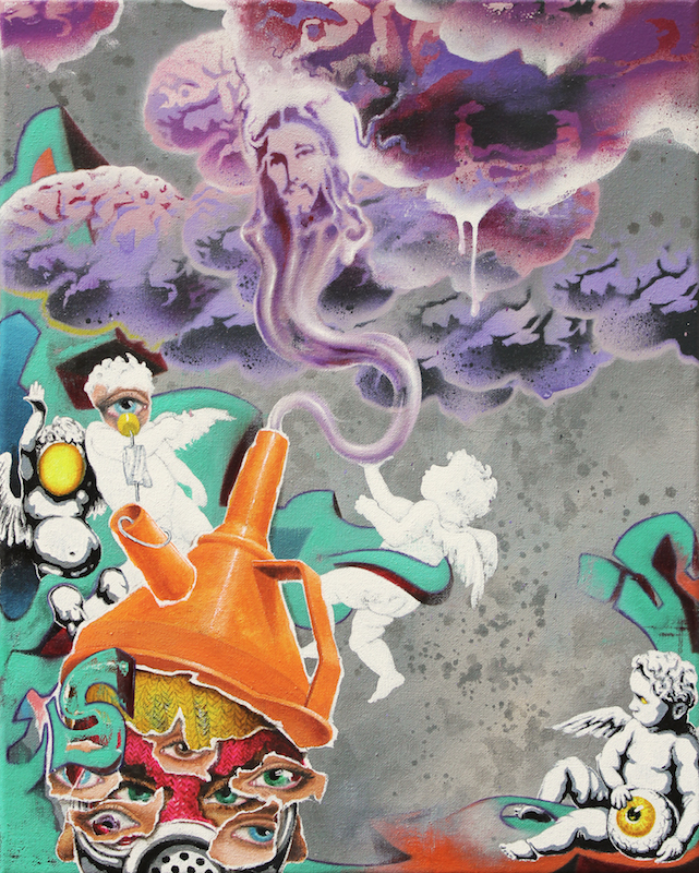 Robert Matthes, Aussichtspunkt -> lila Wolken, Acryl/Öl/Lack auf Nessel, 50 cm x 40 cm, Preis auf Anfrage, Galerie Cyprian Brenner