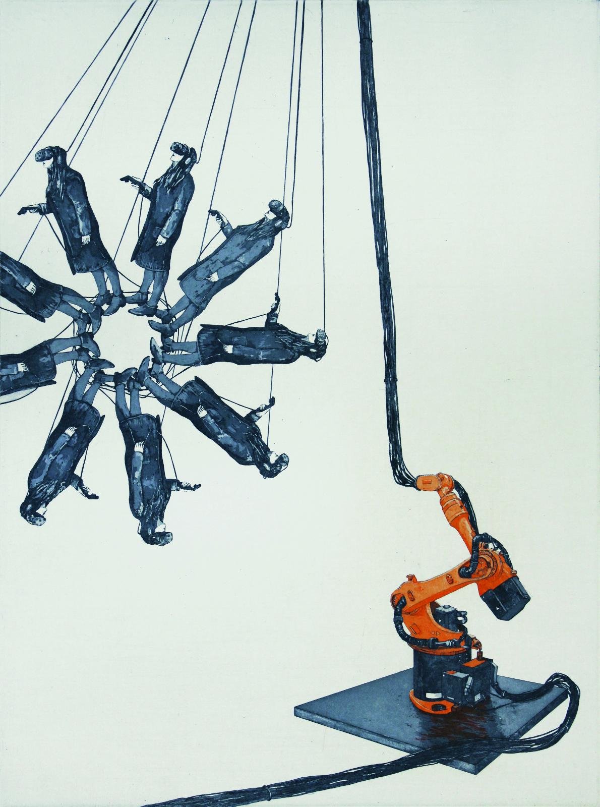 Karin Brosa, Controlling, 2021, Farbradierung, 40 x 30 cm (Plattengröße), 63,5 x 48,5 cm (Blattgröße), 65 x 50 cm (Rahmengröße), Auflage 10, Preis auf Anfrage