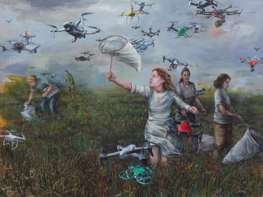 Karin Brosa, Drohnenfänger, 2021, Acryl/Öl auf Nessel, 165 cm x 220 cm, Preis auf Anfrage, Galerie Cyprian Brenner
