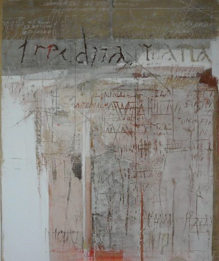 Rudolf Haegele, Palimpsest (Landschaftsbrief), 1980, Mischtechnik auf Leinand, 195 cm x 150 cm, verkauft