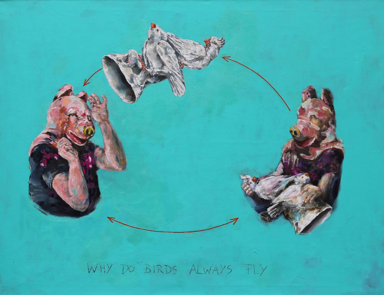 Karin Brosa, why do birds always fly, 2013, Acryl und Öl auf Nessel, 100 cm x 130 cm, Preis auf Anfrage, SüdWestGalerie