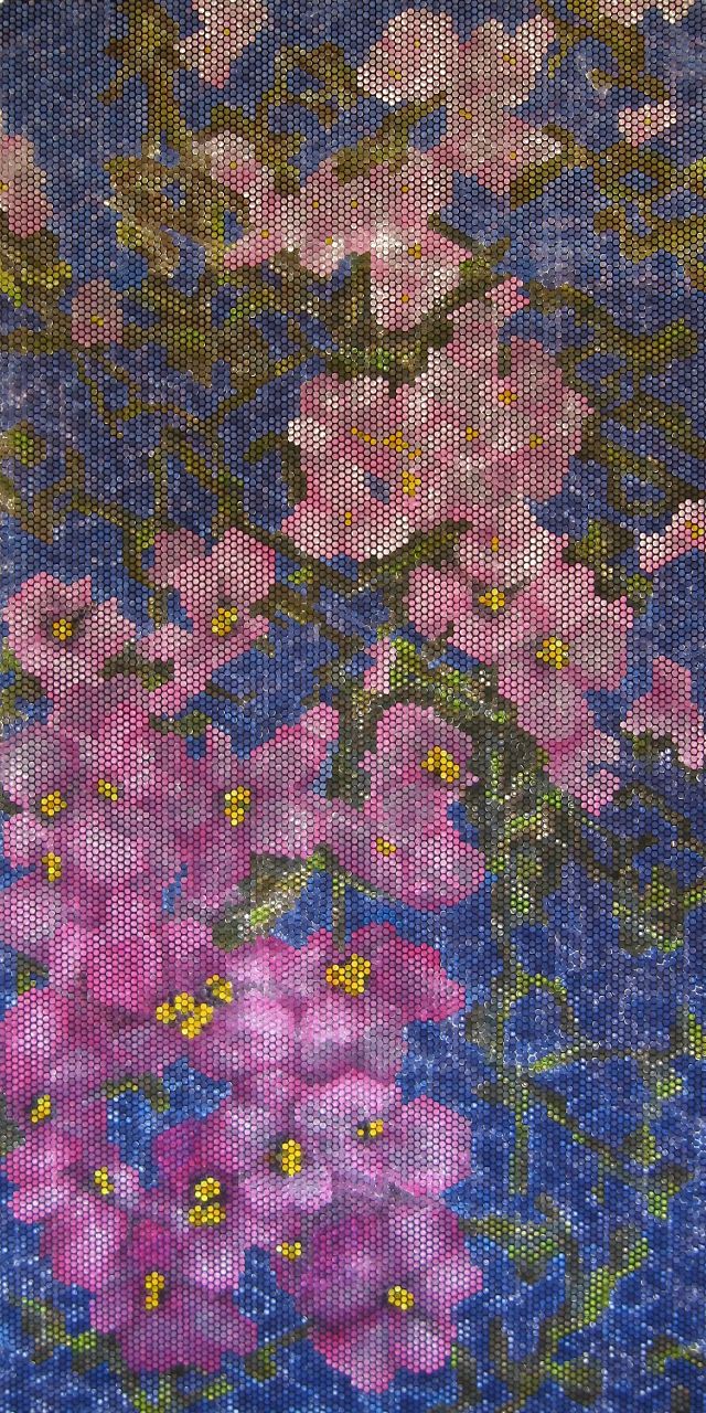 Jeanette Zippel, Kirschblüte, 2013, Hochdruck mit Tusche auf Papier, 212 cm x 114 cm, Preis auf Anfrage, SüdWestGalerie