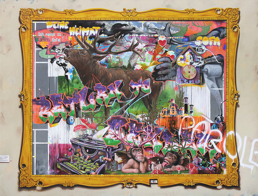 Robert Matthes, WG gesucht, 2016, Acryl, Öl und Lack auf Nessel, 160 cm x 210 cm, Preis auf Anfrage, SüdWestGalerie