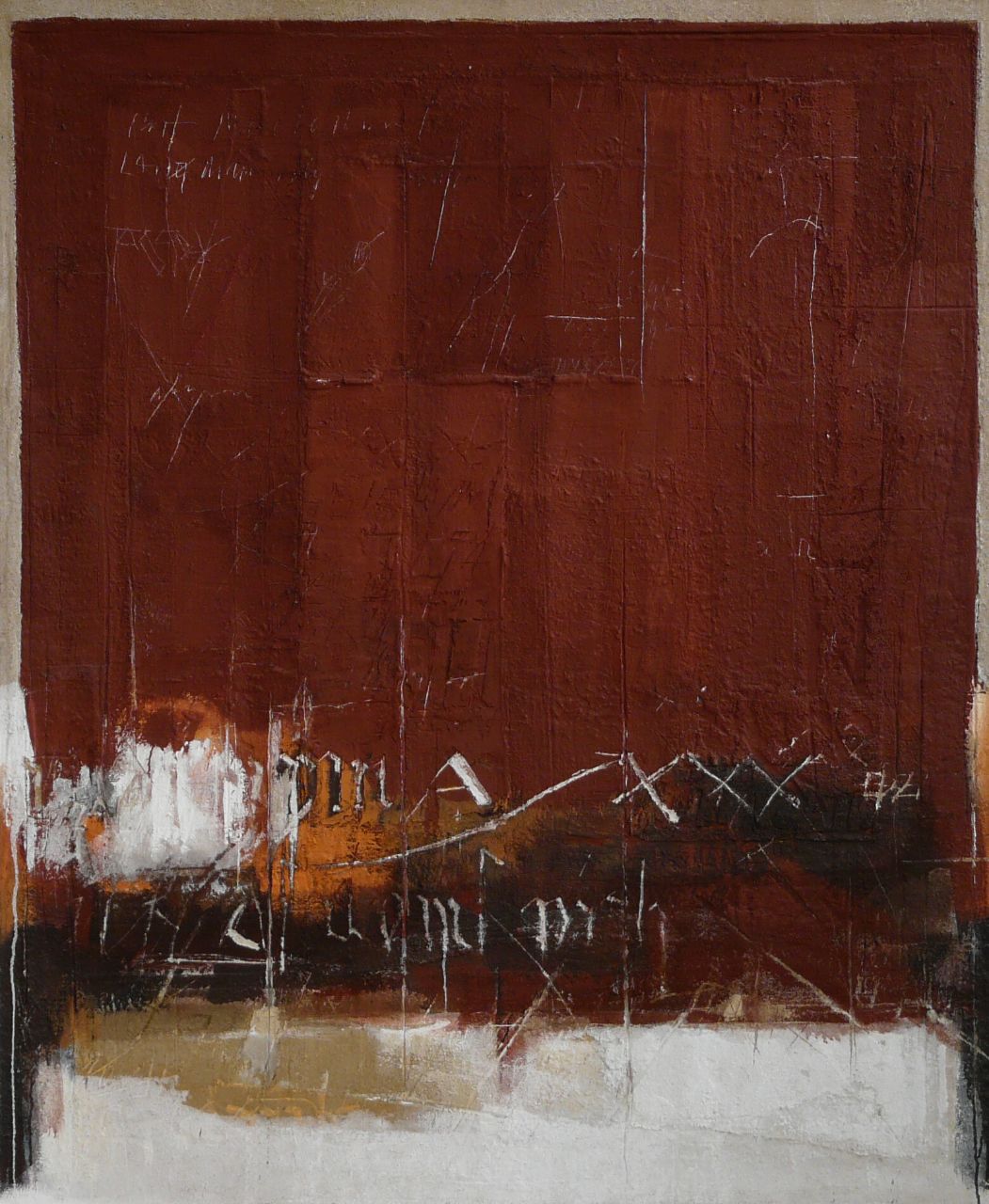 Rudolf Haegele, Palimpsest (Dunkles Rot), 1981, Mischtechnik auf Leinwand, 195 cm x 162 cm, verkauft