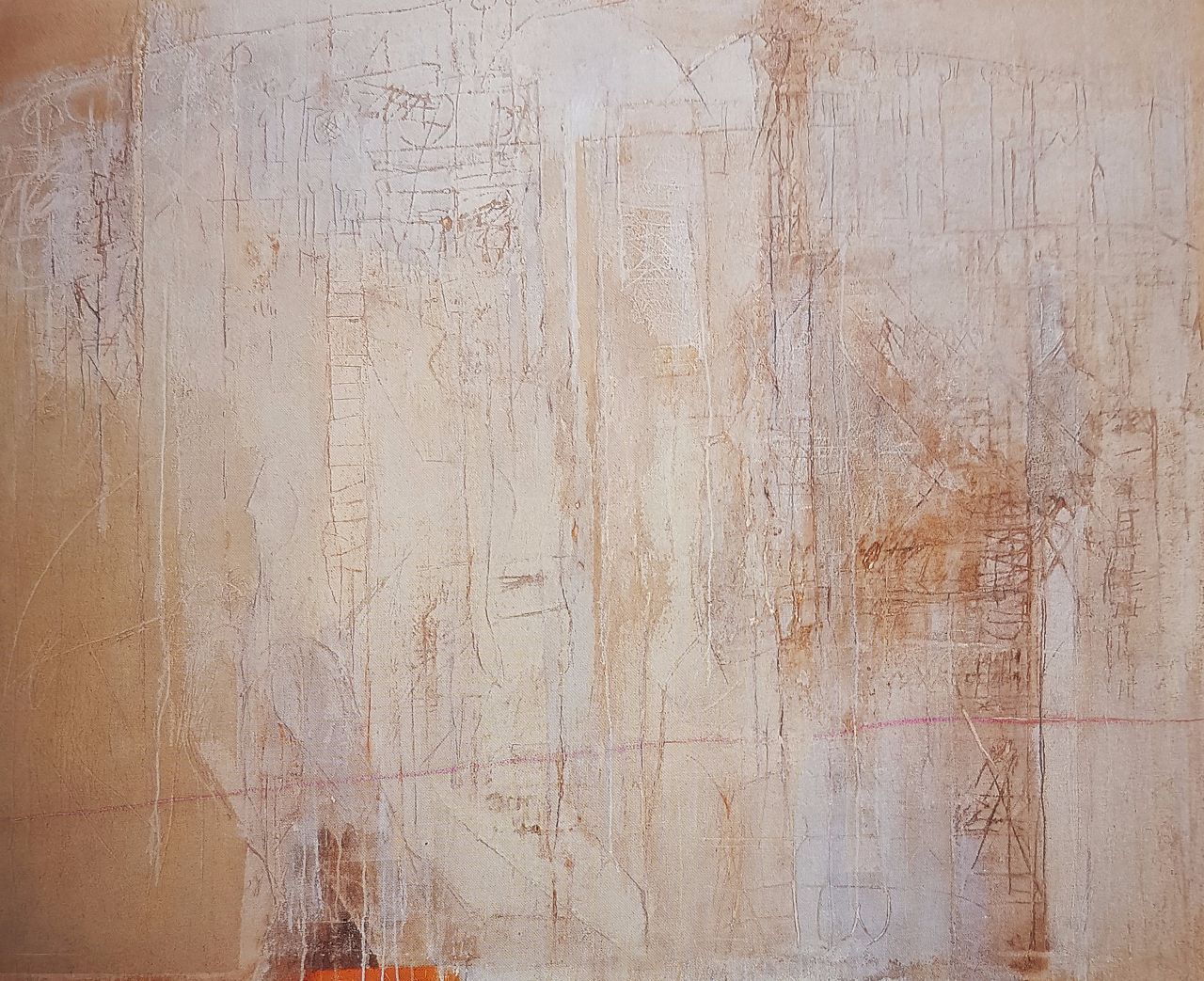 Rudolf Haegele , Palimpset (Rosa Linie), 1981 , Mischtechnik auf Leinwand , 161 cm x 195 cm