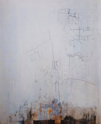 Rudolf Haegele , Wand mit Zinken , 1983 , Mischtechnik auf Leinwand , 155 cm x 125 cm
