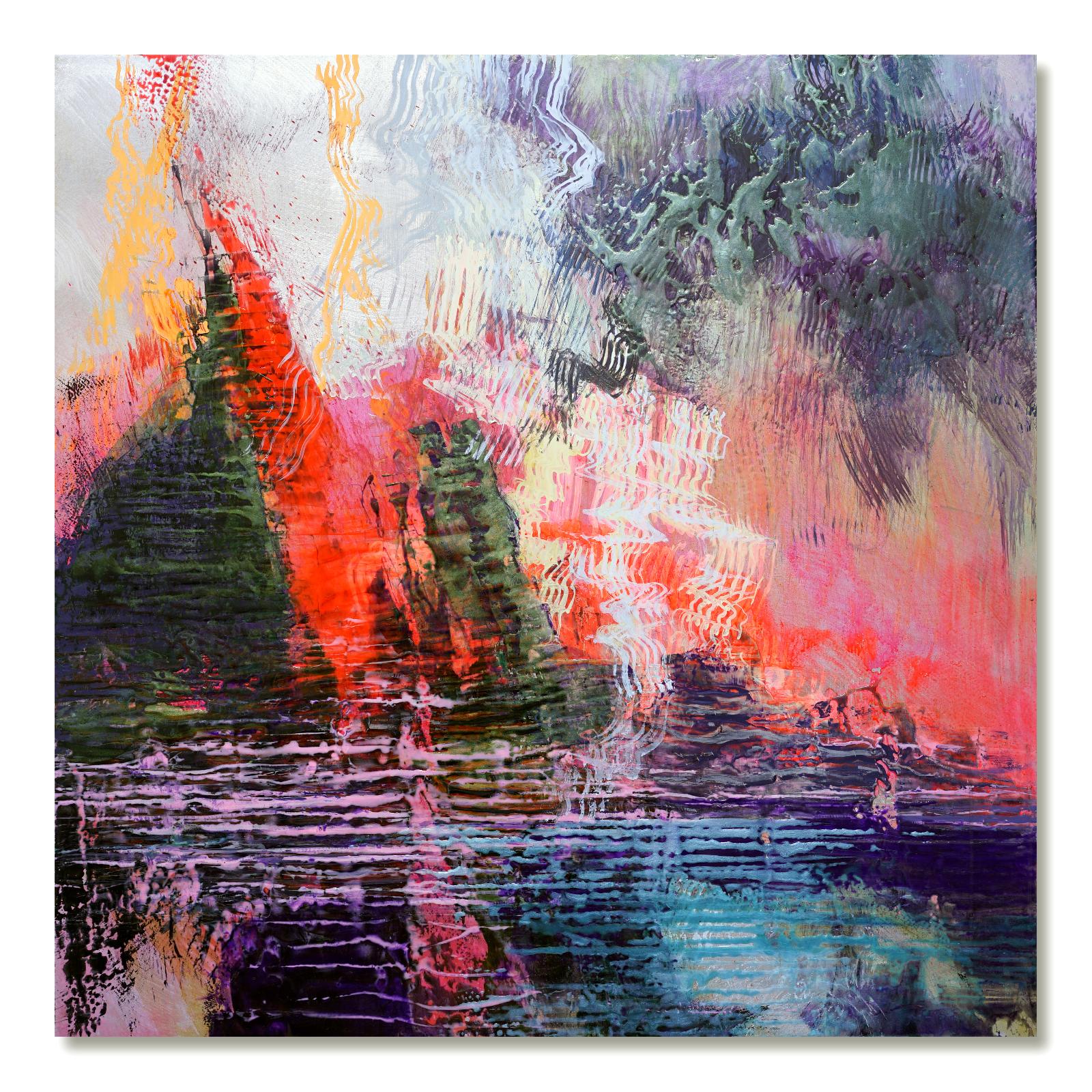 Bruno Kurz, Pech und Feuer I, 2021, Acryl, Öl, Harz auf Metall, 100 cm x 100 cm, Preis auf Anfrage