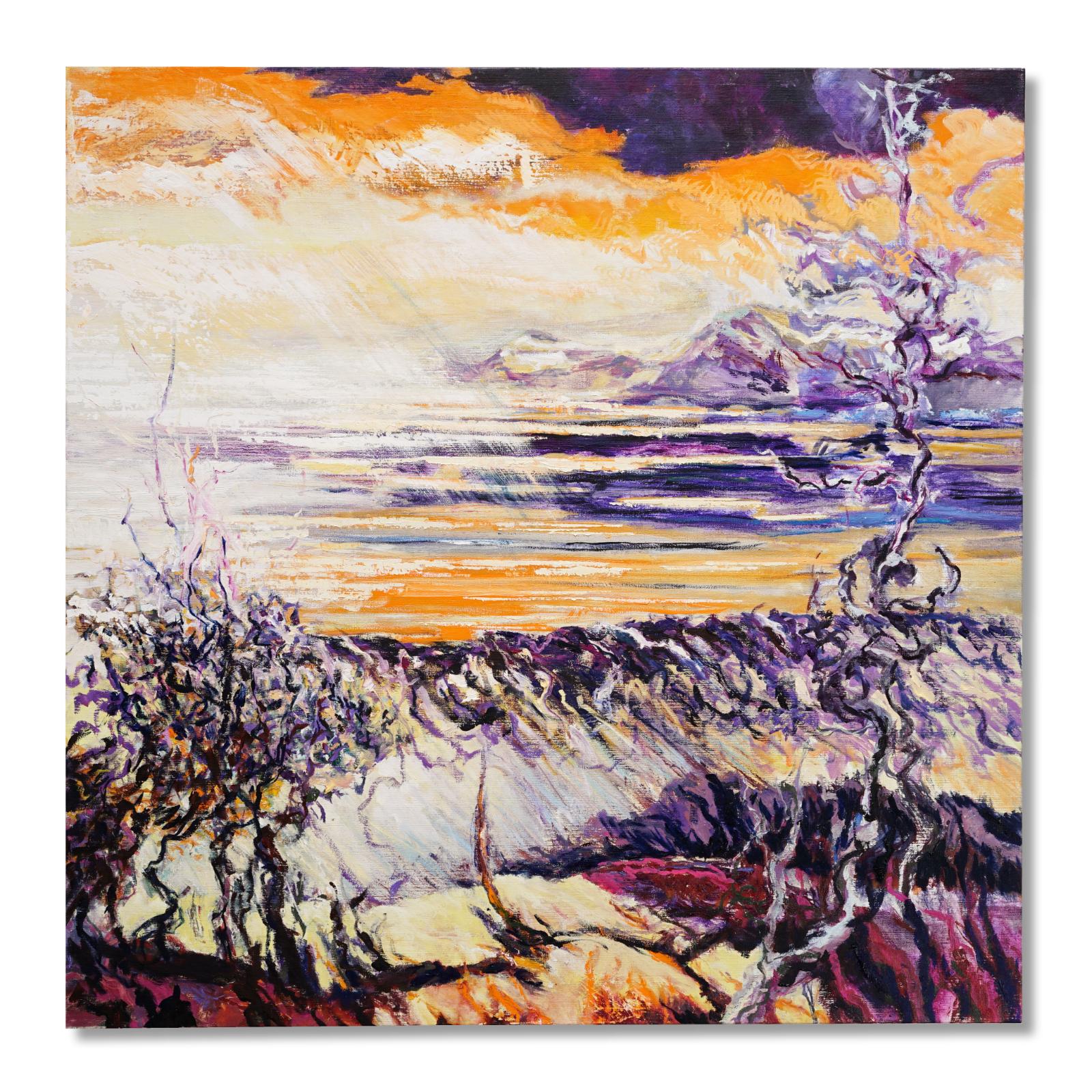 Bruno Kurz, Herbst am Lago Maggiore 1, 2022, Aquarell, Acryl und Öl auf Leinwand, 100 cm x 100 cm,  Preis auf Anfrage, Galerie Cyprian Brenner