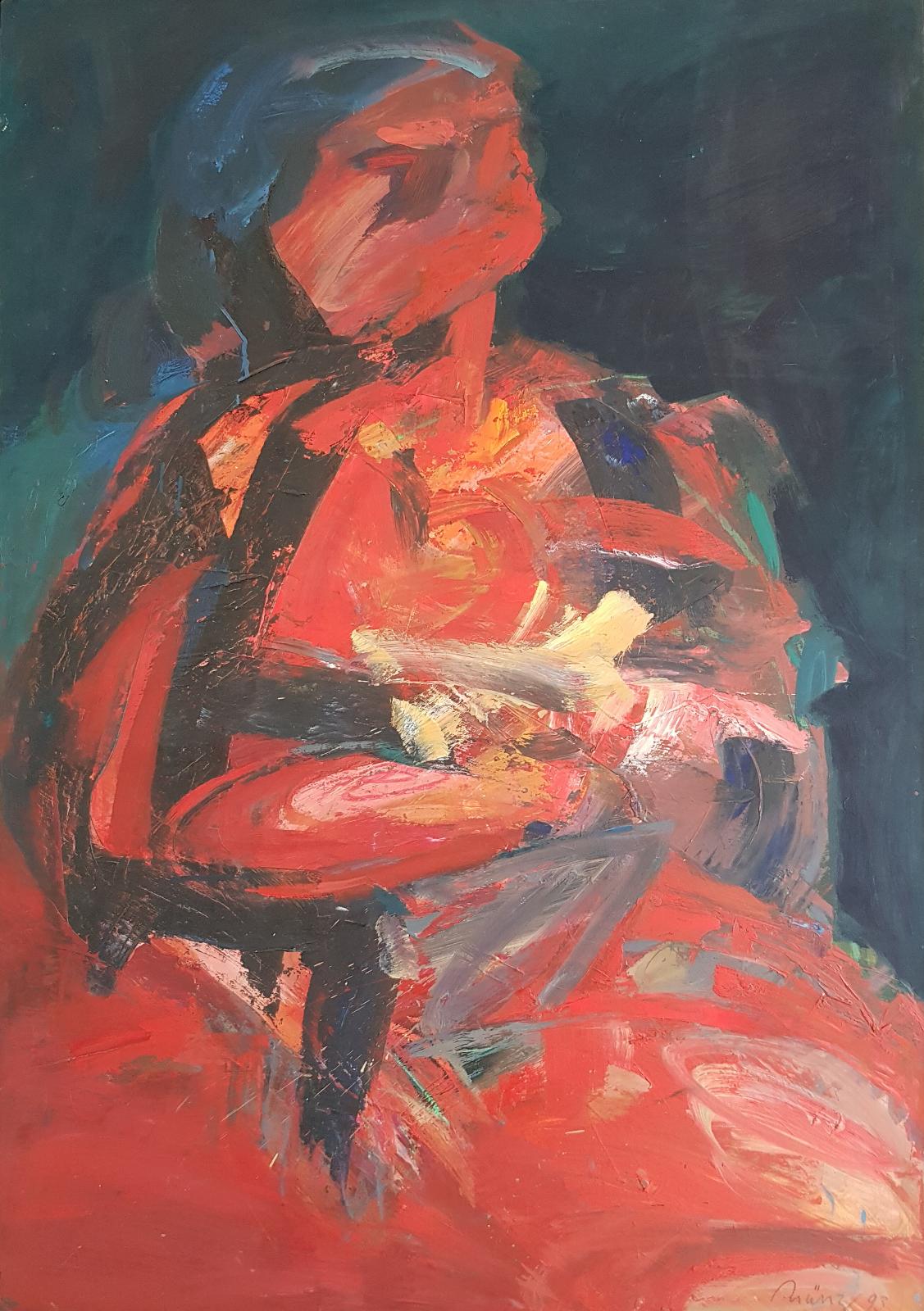 Hannes Münz, Mädchen mit Vogel, 1993, Öl auf Papier/Holz, 100 cm x 70 cm, verkauft!, Südwest Galerie