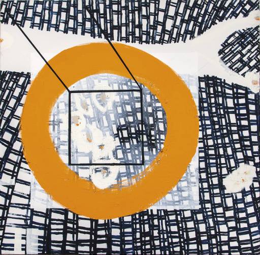 Regina Baumhauer, Open Letter, Zentrum, 2005, Acryl, Graphit, Öl auf Leinwand, 120 cm x 120 cm