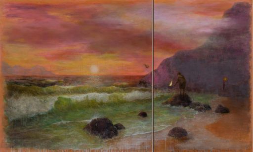 Kathrin Rank, Dritter Versuch das Meer anzuzünden (Diptychon), 2021, Öl auf Leinwand, 170 x 280, Preis auf Anfrage, Galerie Cyprian Brenner