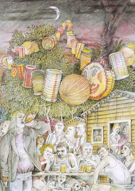 Helmut Goettl, Gartenfest, 1992, Zeichnung, 102 cm x 73 cm, goh010re, Preis auf Anfrage, SüdWestGalerie