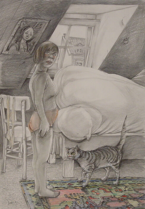 Helmut Goettl, Frau mit Katze, 1982, Zeichnung, 73 cm x 51 cm, goh004re, Preis auf Anfrage, SüdWestGalerie