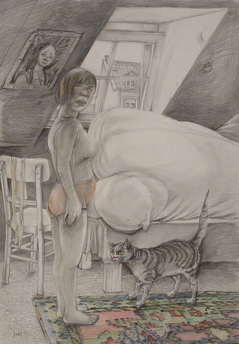 Helmut Goettl, Frau mit Katze, 1982, Zeichnung, 73 cm x 51 cm, goh004re, Preis auf Anfrage, SüdWestGalerie