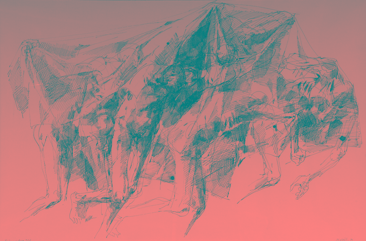 Roland Dörfler, Figuren unterm Tuch, 1974, Federzeichnung, 70 cm x 100 cm, Preis auf Anfrage, SüdWestGalerie