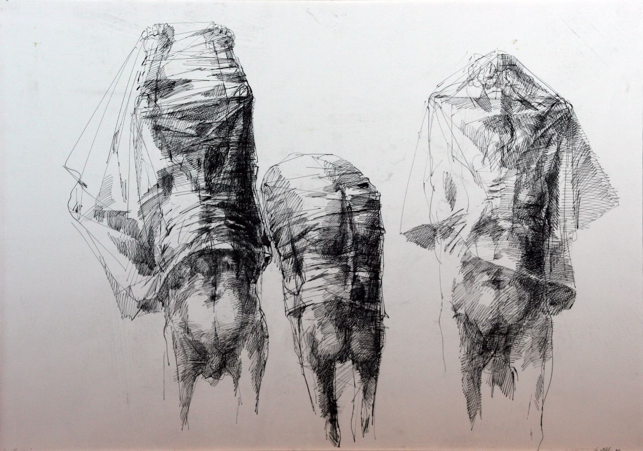 Roland Dörfler, Drei Figuren, 1974, Federzeichnung, 70 cm x 100 cm, dör018ko
