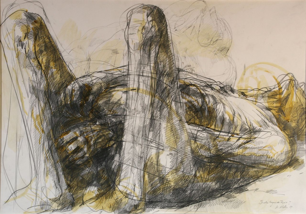 Roland Dörfler, Große liegende Figur, 1979, Bleistift und Farbstifte auf Papier, 70 cm x 100 cm, Preis auf Anfrage, SüdWestGalerie