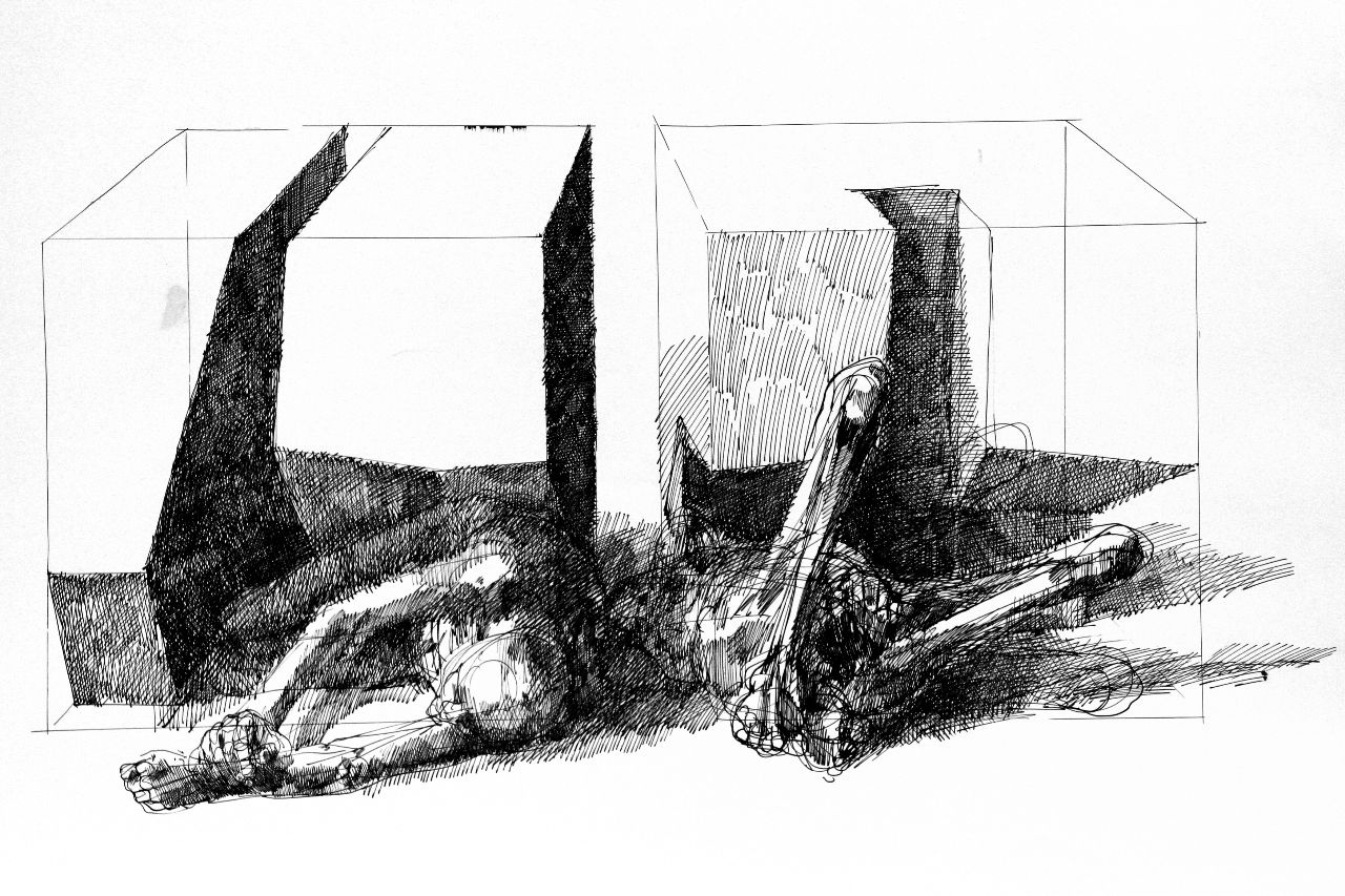 Roland Dörfler, Würfel-Figuren, 1977, Federzeichnung, 68 cm x 100 cm, dör026kü