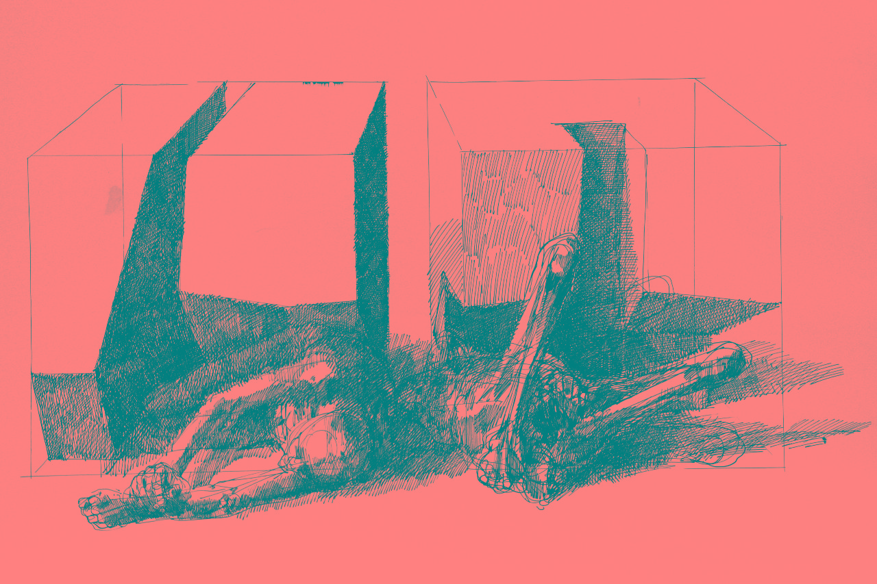 Roland Dörfler, Würfel-Figuren, 1977, Federzeichnung, 68 cm x 100 cm, dör026kü, Preis auf Anfrage, SüdWestGalerie