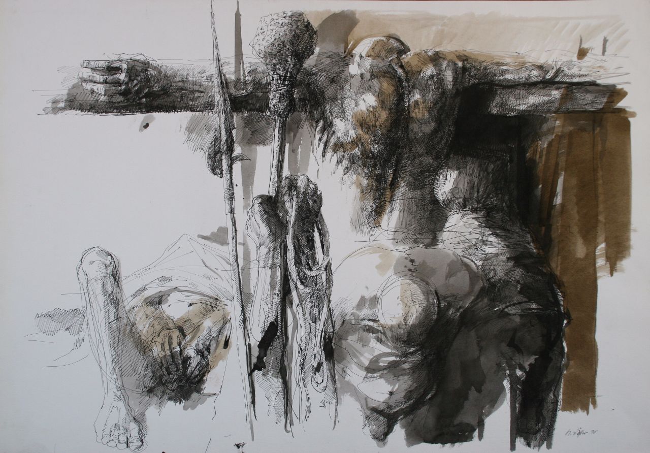 Roland Dörfler, Szene 78, 1978, Federzeichnung mit Sepia laviert, 70 cm x 100 cm, dör028kü, Preis auf Anfrage, SüdWestGalerie