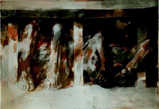 Roland Dörfler, Zwei Figuren eingeschlossen, 1979, Mischtechnik, 70 cm x 100 cm, dör031kü