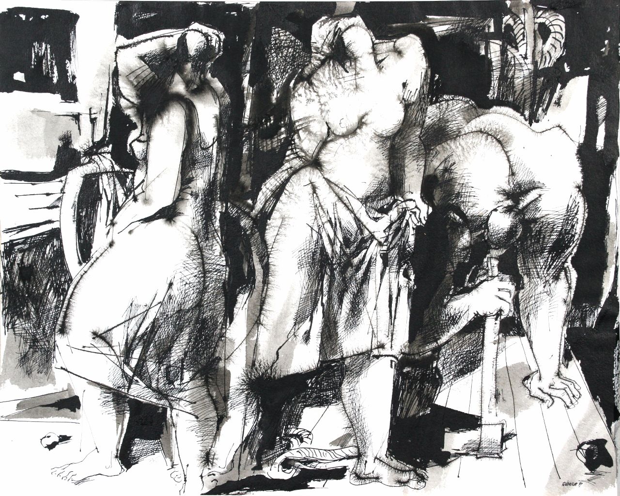 Roland Dörfler, Drei Figuren , 1959, Federzeichnung, 49 cm x 61cm, dör003kü, Preis auf Anfrage, SüdWestGalerie