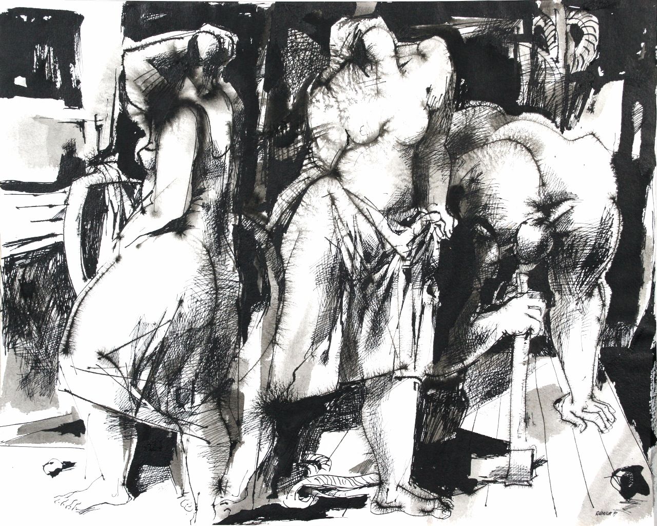 Roland Dörfler, Drei Figuren, 1959, Federzeichnung, 49 cm x 61cm, dör003kü, Preis auf Anfrage, SüdWestGalerie