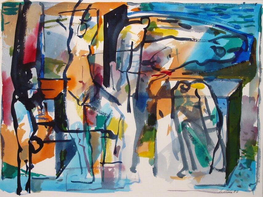 Roland Dörfler, Bootszene, 1996, Aquarell, 46 cm x 61 cm, Preis auf Anfrage, SüdWestGalerie