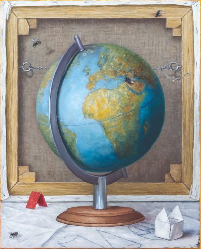 Mirko Schallenberg, Weltbild (abseitig), 2019, Stillleben, Öl auf Leinwand, 106 cm × 85 cm, Preis auf Anfrage, Galerie Cyprian Brenner