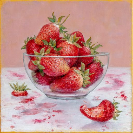 Mirko Schallenberg, Erdbeeren, 2019, Obststillleben, Öl auf Leinwand, 50 cm x 50 cm, Preis auf Anfrage, Galerie Cyprian Brenner