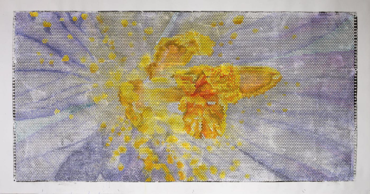 Jeanette Zippel,  Apfelbluete-2, 2017, Hochdruck, Kartoffeldruck mit Tusche auf Papier, 110 x 210 cm mit Rahmen, Preis auf Anfrage, SüdWestGalerie