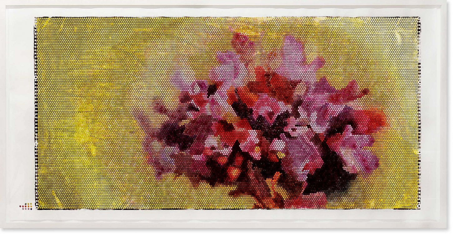 Jeanette Zippel , Bienoptik Dostblüte 1, 2004 , Hochdruck Kartoffeldruck Tusche auf Papier , 117 cm x 230 cm, verkauft!, SüdWestGalerie